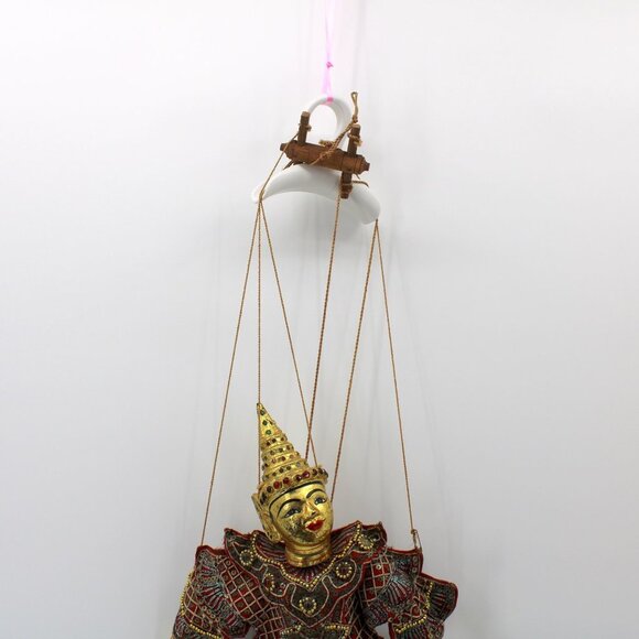 Handmade Traditional Burmese Puppet Gold Face Ornate Costume Strings Attached - Picture 2 of 9